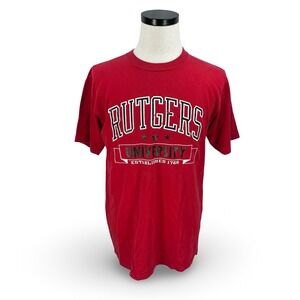 Vintage Rutgers University T-Shirt Red Made in USA Large Gray 100% Cotton 90s